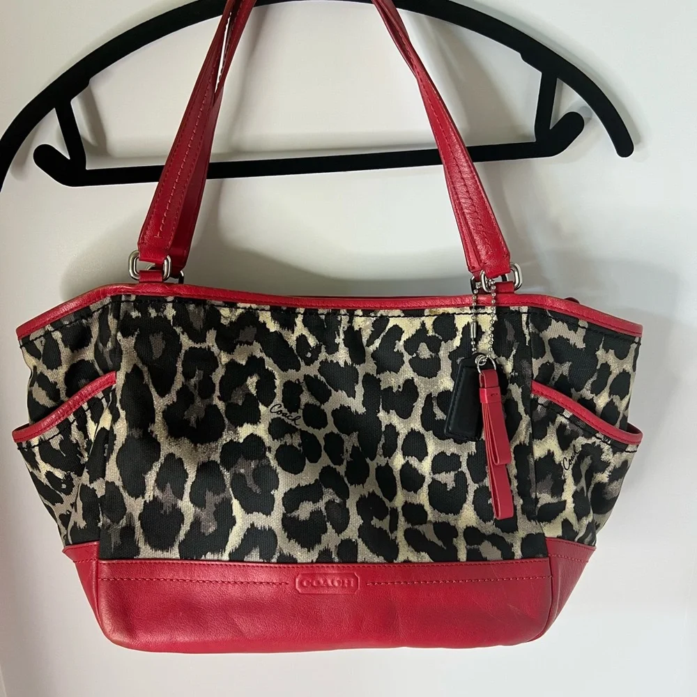 Coach ocelot leopard‎ red Carrie tote handbag